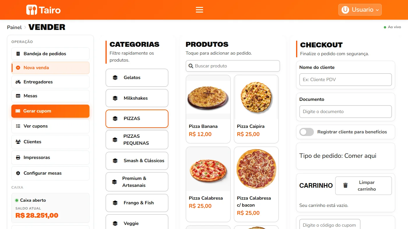 Tela de venda do Tairo com categorias, produtos e checkout no mesmo lugar
