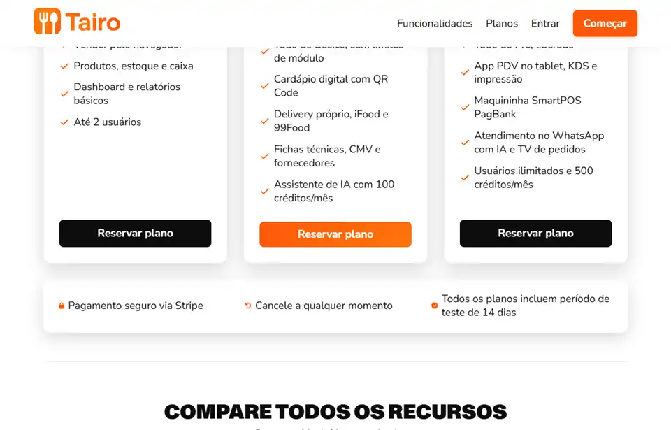 Comparativo de recursos por plano no Tairo, com cancelamento a qualquer momento