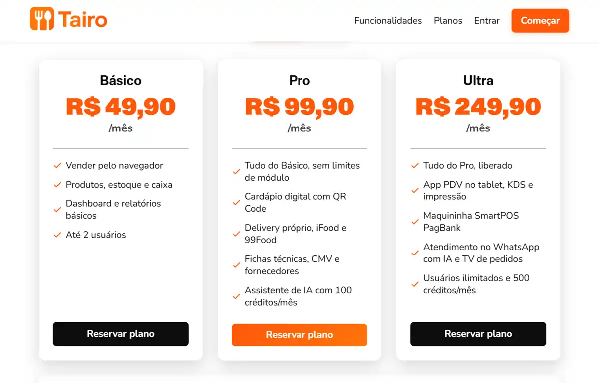 Planos do Tairo com preço mensal de R$ 49,90, R$ 99,90 e R$ 249,90